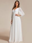 Glittery Empire Waist Long Lantern Sleeves A-Line Evening Dress – White