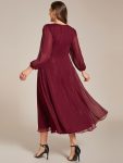 Plus Size Twist Knot Louts Leaf Long Sleeve A-Line Evening Dress – Burgundy