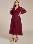 Plus Size Twist Knot Louts Leaf Long Sleeve A-Line Evening Dress – Burgundy