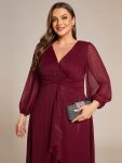 Plus Size Twist Knot Louts Leaf Long Sleeve A-Line Evening Dress – Burgundy