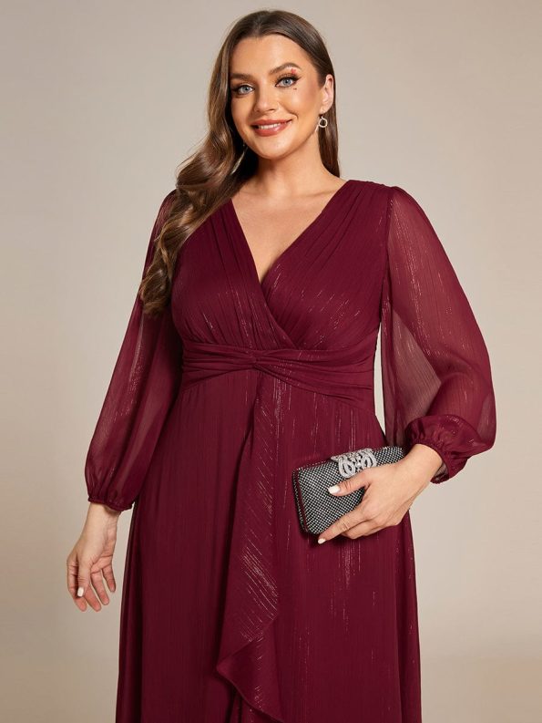 Plus Size Twist Knot Louts Leaf Long Sleeve A-Line Evening Dress - Burgundy