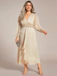 Plus Size Twist Knot Louts Leaf Long Sleeve A-Line Evening Dress – Champagne