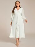 Plus Size Twist Knot Louts Leaf Long Sleeve A-Line Evening Dress – Cream