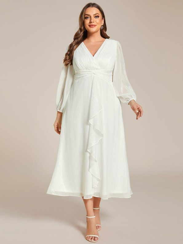 Plus Size Twist Knot Louts Leaf Long Sleeve A-Line Evening Dress - Cream