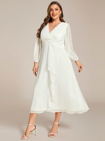 Plus Size Twist Knot Louts Leaf Long Sleeve A-Line Evening Dress - Cream