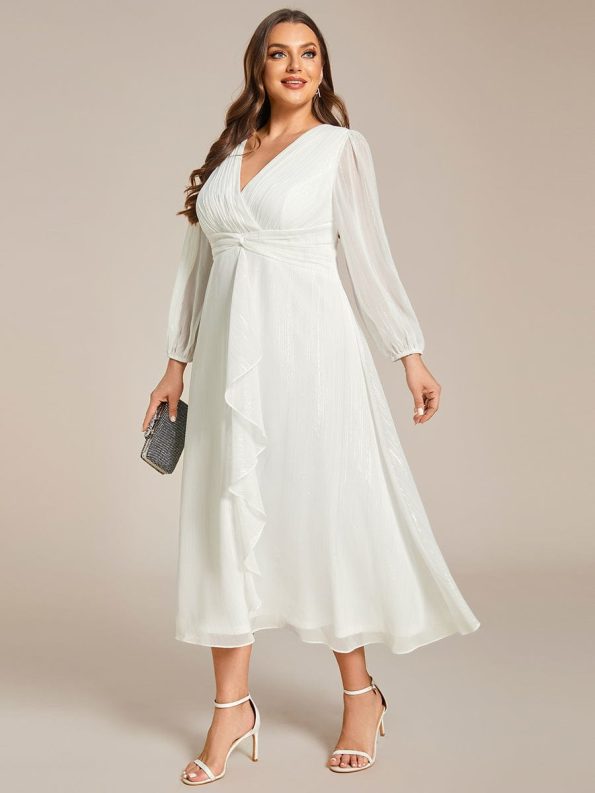 Plus Size Twist Knot Louts Leaf Long Sleeve A-Line Evening Dress - Cream