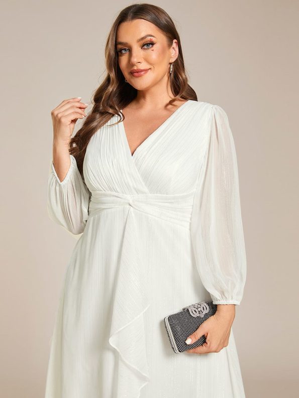 Plus Size Twist Knot Louts Leaf Long Sleeve A-Line Evening Dress - Cream