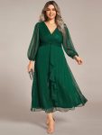 Plus Size Twist Knot Louts Leaf Long Sleeve A-Line Evening Dress – Dark Green