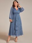 Plus Size Twist Knot Louts Leaf Long Sleeve A-Line Evening Dress - Dusty Navy