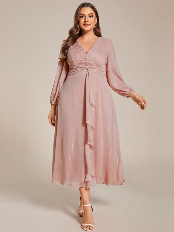 Plus Size Twist Knot Louts Leaf Long Sleeve A-Line Evening Dress - Dusty Rose