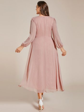 Plus Size Twist Knot Louts Leaf Long Sleeve A-Line Evening Dress - Dusty Rose