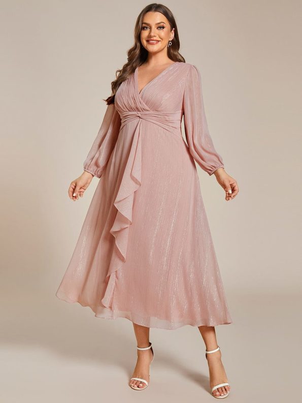 Plus Size Twist Knot Louts Leaf Long Sleeve A-Line Evening Dress - Dusty Rose