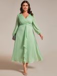 Plus Size Twist Knot Louts Leaf Long Sleeve A-Line Evening Dress – Summer Green