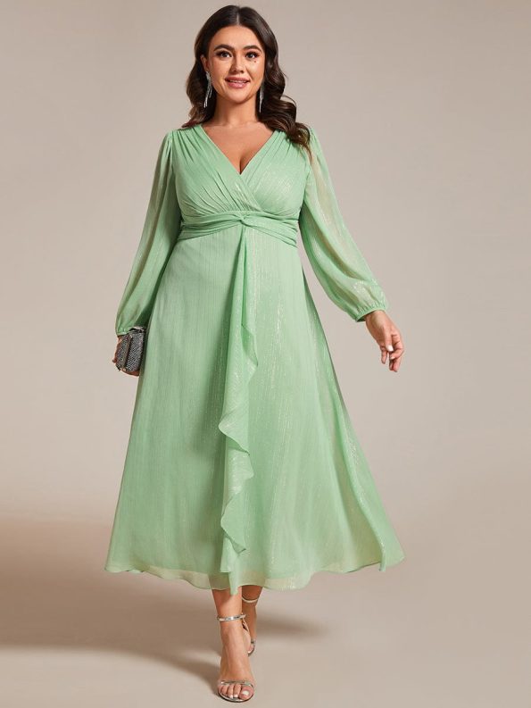 Plus Size Twist Knot Louts Leaf Long Sleeve A-Line Evening Dress - Summer Green