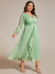 Plus Size Twist Knot Louts Leaf Long Sleeve A-Line Evening Dress – Summer Green