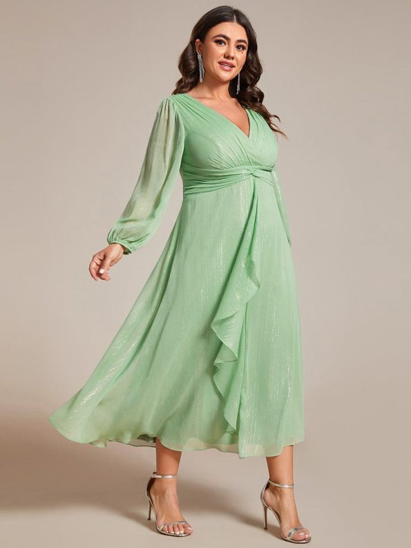 Plus Size Twist Knot Louts Leaf Long Sleeve A-Line Evening Dress - Summer Green