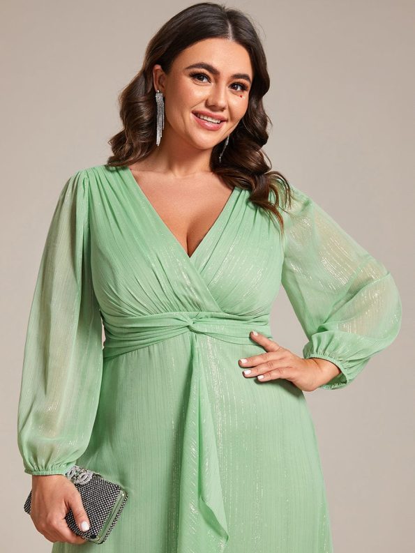 Plus Size Twist Knot Louts Leaf Long Sleeve A-Line Evening Dress - Summer Green