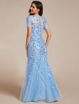 Floral Sequin Maxi Fishtail Tulle Prom Dress with Short Sleeve – Sky Blue