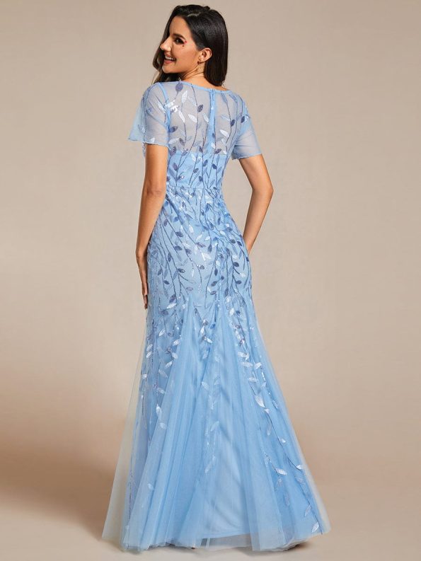 Floral Sequin Maxi Fishtail Tulle Prom Dress with Short Sleeve - Sky Blue