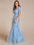 Floral Sequin Maxi Fishtail Tulle Prom Dress with Short Sleeve – Sky Blue