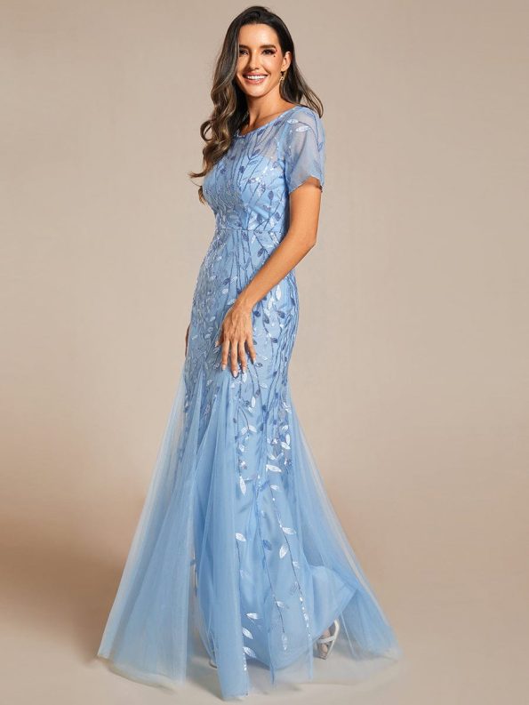 Floral Sequin Maxi Fishtail Tulle Prom Dress with Short Sleeve - Sky Blue