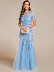 Floral Sequin Maxi Fishtail Tulle Prom Dress with Short Sleeve – Sky Blue