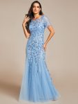 Floral Sequin Maxi Fishtail Tulle Prom Dress with Short Sleeve – Sky Blue