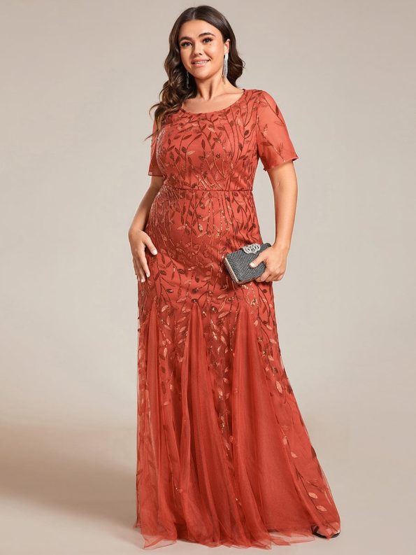 Floral Sequin Maxi Fishtail Tulle Prom Dress with Short Sleeve - Burnt Orange