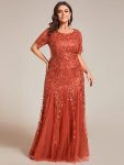 Floral Sequin Maxi Fishtail Tulle Prom Dress with Short Sleeve – Burnt Orange