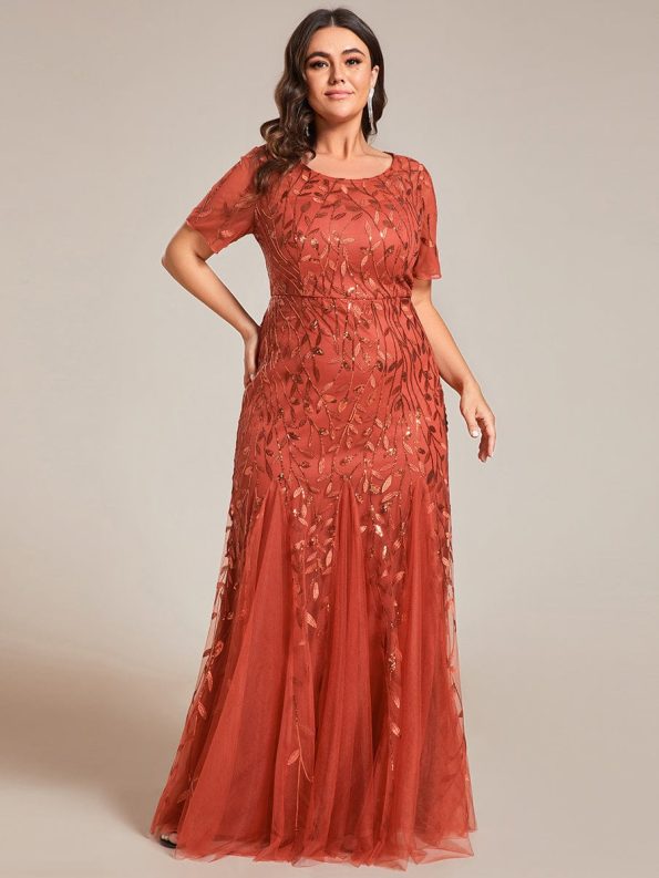 Floral Sequin Maxi Fishtail Tulle Prom Dress with Short Sleeve - Burnt Orange