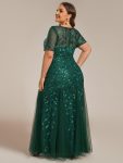 Floral Sequin Maxi Fishtail Tulle Prom Dress with Short Sleeve – Dark Green