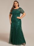 Floral Sequin Maxi Fishtail Tulle Prom Dress with Short Sleeve – Dark Green