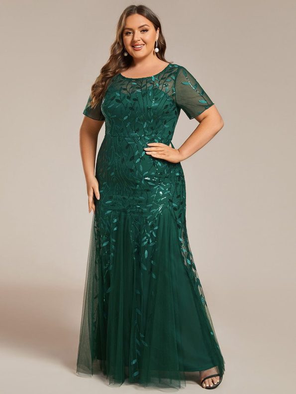 Floral Sequin Maxi Fishtail Tulle Prom Dress with Short Sleeve - Dark Green