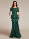 Floral Sequin Maxi Fishtail Tulle Prom Dress with Short Sleeve – Dark Green