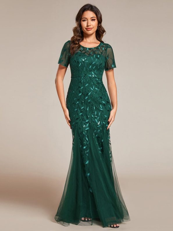 Floral Sequin Maxi Fishtail Tulle Prom Dress with Short Sleeve - Dark Green