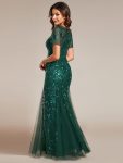 Floral Sequin Maxi Fishtail Tulle Prom Dress with Short Sleeve – Dark Green