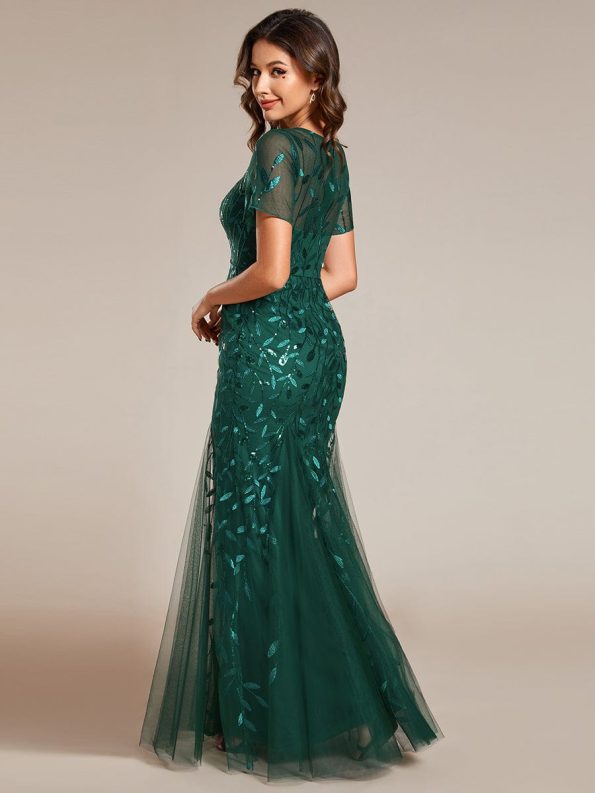 Floral Sequin Maxi Fishtail Tulle Prom Dress with Short Sleeve - Dark Green