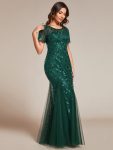 Floral Sequin Maxi Fishtail Tulle Prom Dress with Short Sleeve – Dark Green