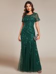 Floral Sequin Maxi Fishtail Tulle Prom Dress with Short Sleeve – Dark Green