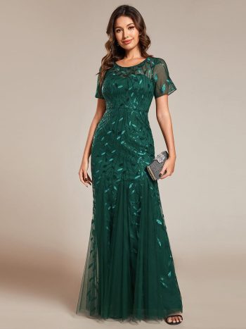 Floral Sequin Maxi Fishtail Tulle Prom Dress with Short Sleeve - Dark Green
