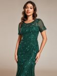 Floral Sequin Maxi Fishtail Tulle Prom Dress with Short Sleeve – Dark Green