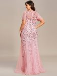 Floral Sequin Maxi Fishtail Tulle Prom Dress with Short Sleeve – Pink