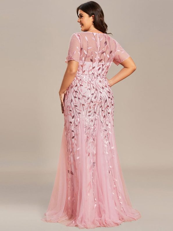 Floral Sequin Maxi Fishtail Tulle Prom Dress with Short Sleeve - Pink