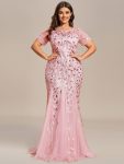 Floral Sequin Maxi Fishtail Tulle Prom Dress with Short Sleeve – Pink