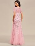 Floral Sequin Maxi Fishtail Tulle Prom Dress with Short Sleeve – Pink