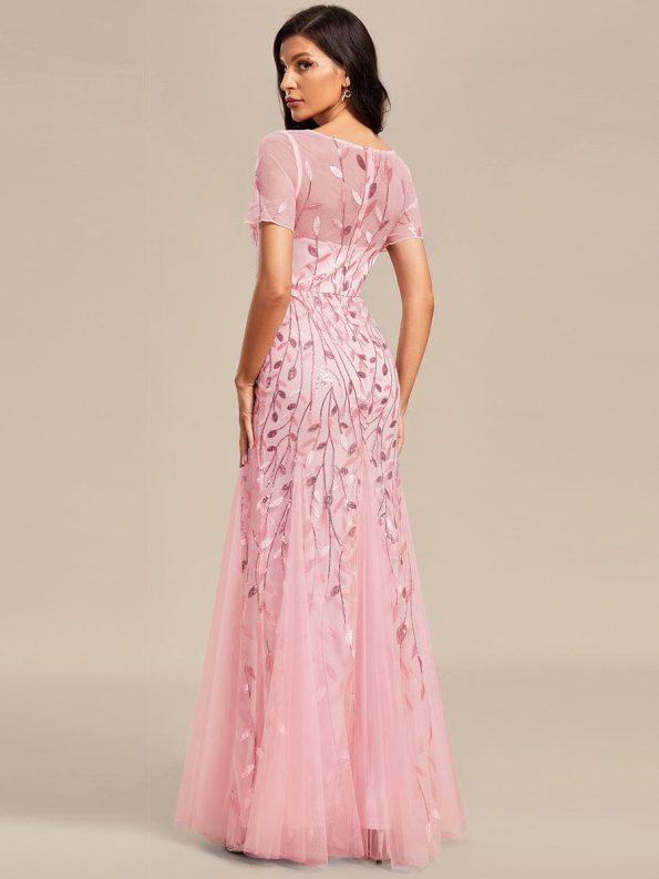 Floral Sequin Maxi Fishtail Tulle Prom Dress with Short Sleeve - Pink