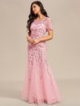 Floral Sequin Maxi Fishtail Tulle Prom Dress with Short Sleeve – Pink