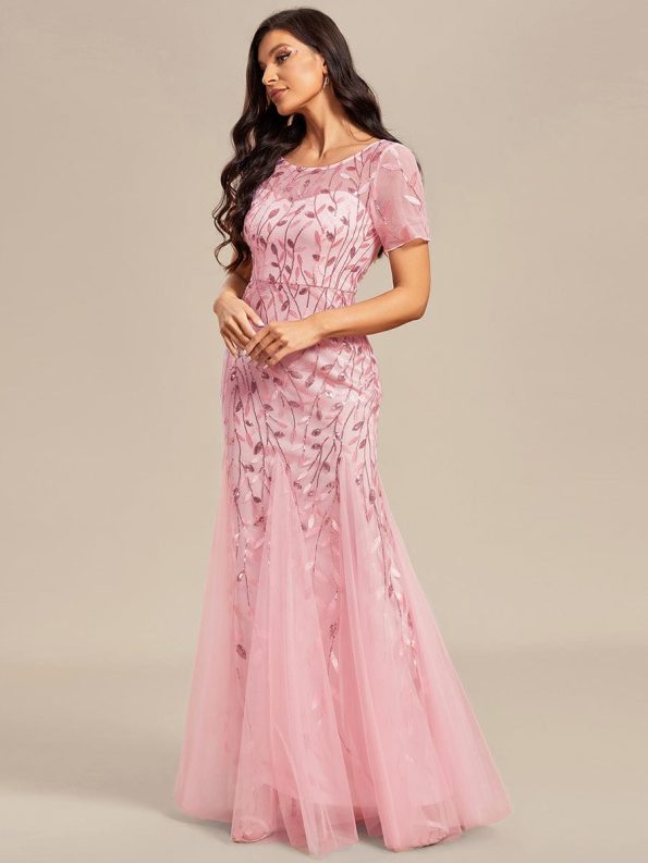 Floral Sequin Maxi Fishtail Tulle Prom Dress with Short Sleeve - Pink