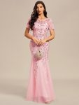 Floral Sequin Maxi Fishtail Tulle Prom Dress with Short Sleeve – Pink