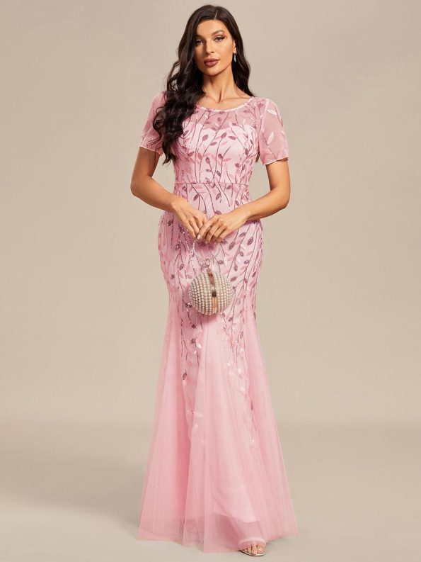 Floral Sequin Maxi Fishtail Tulle Prom Dress with Short Sleeve - Pink